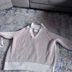 Aerie Cream and Brown Ribbed V-Neck Sweater